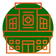A green and orange building with a cross on it.