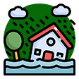 A house is shown in the water.