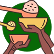 A drawing of hands holding bowls and spoons.