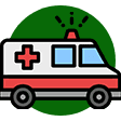 A cartoon ambulance with a red cross on the side.
