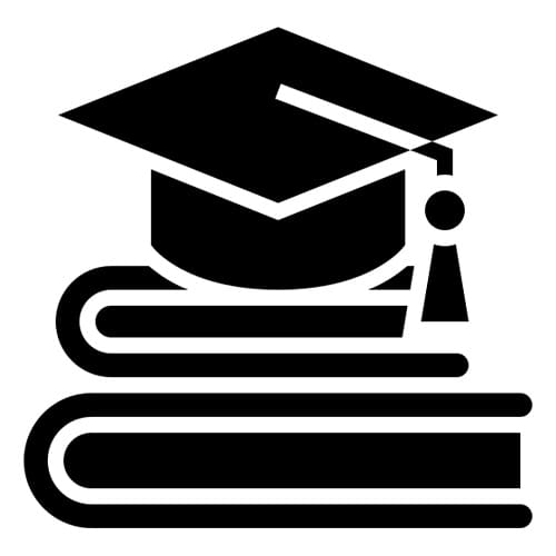 A black and white picture of books with a graduation cap on top.