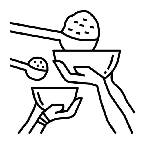 A line drawing of people holding bowls and spoons.